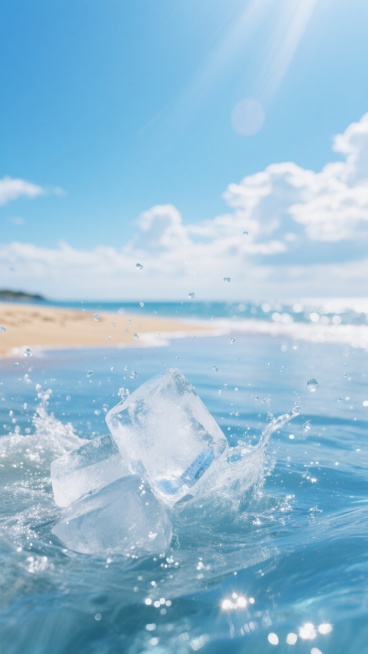 晶莹剔透的冰块在清澈的蓝色海水中翻滚碰撞，溅起无数细碎的水花，阳光透过冰层折射出梦幻的光斑，背景是宁静的夏日海滩，金色的沙滩蜿蜒延伸，远处是蔚蓝的天空和洁白的云朵，整体画面呈现出清凉透明的质感和明亮愉悦的氛围，光影柔和，色彩以蓝白为主调，构图采用近景特写冰块与水花，中远景展现海滩与天空的开阔景象。预览效果