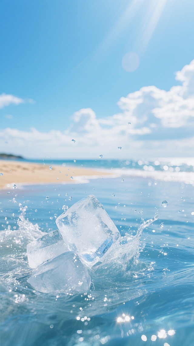 晶莹剔透的冰块在清澈的蓝色海水中翻滚碰撞，溅起无数细碎的水花，阳光透过冰层折射出梦幻的光斑，背景是宁静的夏日海滩，金色的沙滩蜿蜒延伸，远处是蔚蓝的天空和洁白的云朵，整体画面呈现出清凉透明的质感和明亮愉悦的氛围，光影柔和，色彩以蓝白为主调，构图采用近景特写冰块与水花，中远景展现海滩与天空的开阔景象。