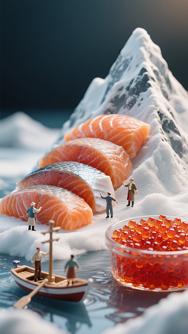 三文鱼片被排列成雪山的形状。装满红色鱼子酱的微型船，可以看到在船上从事各种活动的微型人物