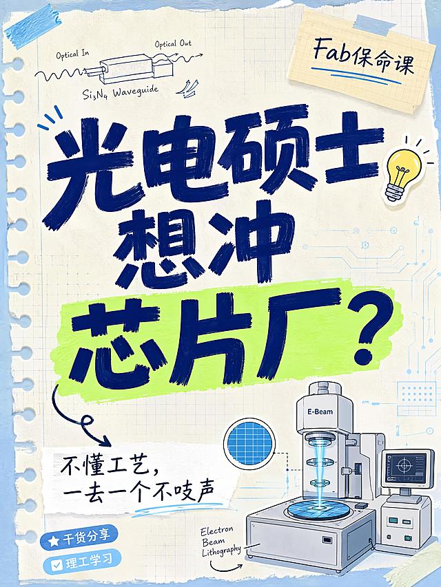 小红书笔记大字封面，插图大字，手账拼贴风+轻科技元素，版式精美，小红书笔记封面质感，适合信息流点击。主标题必须完整呈现且为画面视觉中心，逐字锁定：「光电硕士想冲芯片厂？」。主标题字号占画面约55%视觉权重，清晰可读，不得增删改字。副标题：「不懂工艺，一去一个不吱声」。背景：浅米白+淡蓝渐变笔记纸纹理，轻科技感网格线点缀，整体明亮不发黑。标题排版：扁平粗黑体+马克笔手写感，深靛蓝色主标题，关键词「芯片厂」用荧光青绿色色块底高亮。插画元素：右下角极简扁平电子束光刻设备小插画（电子束、晶圆、光路线条），左上角手绘光波导结构简笔画，线条轻盈科技感。装饰：1个💡emoji贴纸在标题右上角；手绘弯曲箭头指向副标题；便签纸角标写着「Fab保命课」。整体氛围：干货分享、理工学习、手账式轻科技感。画质：高清细腻，信息层级清晰，主标题与背景强对比，文字完整处于安全区内不可裁切，四周留安全边距。画面比例3:4。