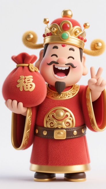 财神爷的形象，富丽堂皇的装扮，装饰傍身，珐琅金色球绒顶冠，红色官袍镶金边，粗鎏金纹饰皮腰带，一只手托着一个超大的福袋，另一个手比剪刀手，龇牙咧嘴开心地笑，背景纯白色预览效果