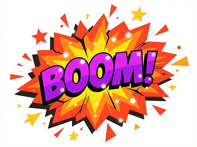 俯视视角，漫画风格特写，霓虹紫色与荧光黄色交织的"BOOM!"字样从破裂的漫画对话框中喷涌而出，字体棱角分明且带有动态速度线，黑色粗描边内嵌着闪烁的白色光点，背景是层层递进的橙红色爆炸波纹与飞溅的星形碎片，中心区域的强光形成放射状眩光效果，整体构图呈现强烈的向外扩张感，白色背景使所有元素如同从纸面弹出般充满张力，完美捕捉到惊喜瞬间的爆发力与视觉冲击。