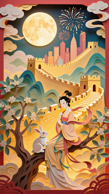 全景构图，近景是嫦娥抱着玉兔的坐在玉桂树上的侧影，中间是蜿蜒雄伟的长城和繁华的城市建筑，背后是圆月和烟花，画面四周祥云环绕，画面整体充满喜庆和华丽，画面呈现喜庆的暖色调预览效果