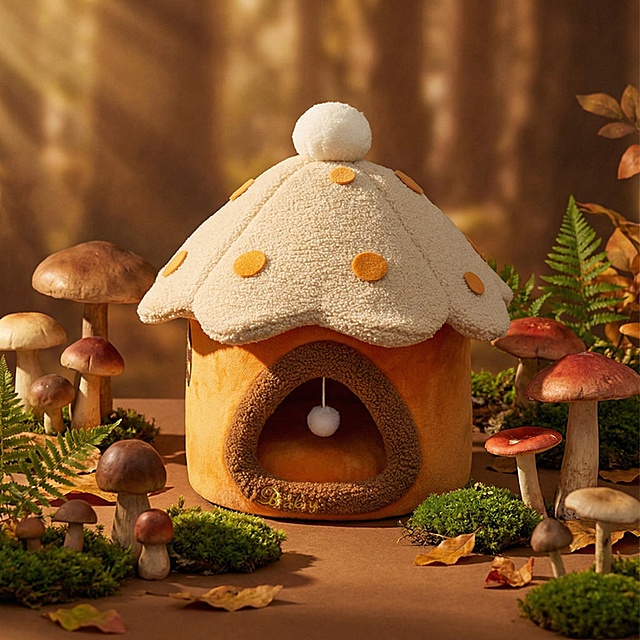 「图片1」这是一款蘑菇房猫窝宠物房子，帮我生成10张不同的电商主图，要求温馨背景，