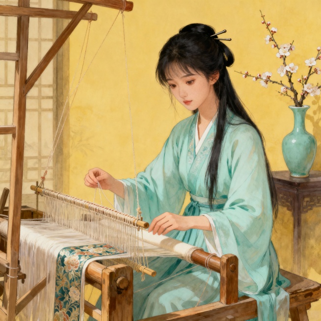帮我生成一个正在织衣服的古风少女预览效果