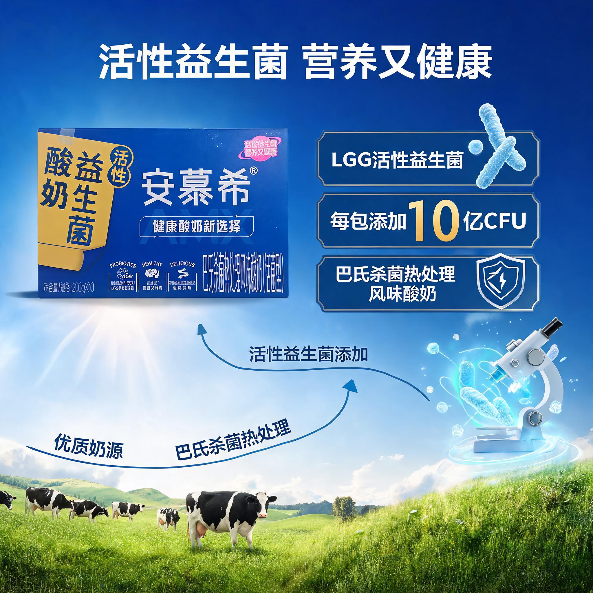 [主图-2] 安慕希活性益生菌酸奶核心亮点与溯源图，展示益生菌… - 图片创意预览