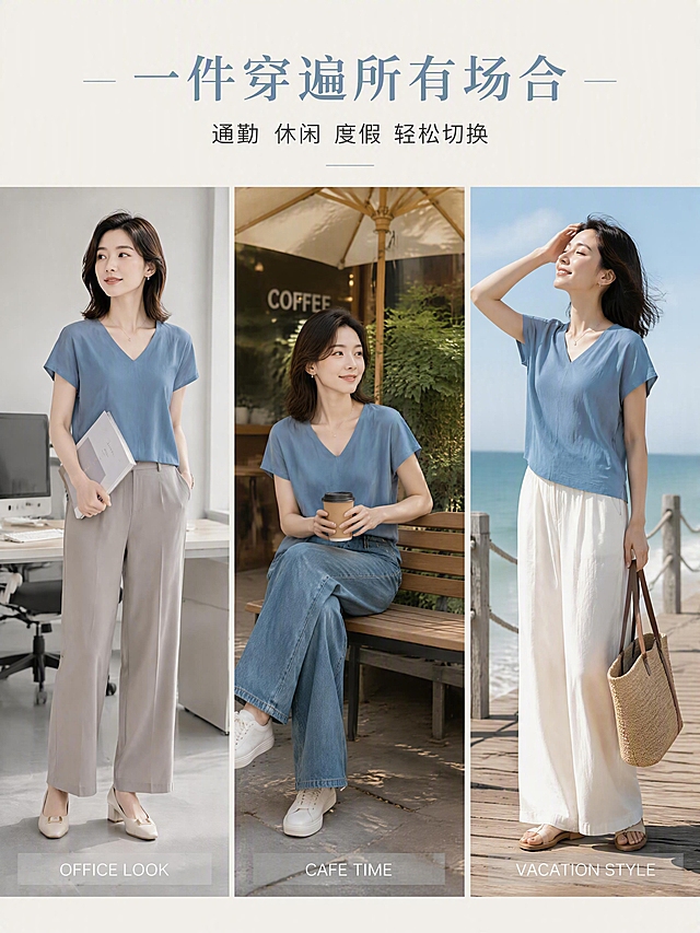 [第5张] 多场景穿搭展示-雾霾蓝亚麻上衣通勤/休闲/度假。本张使用【图1】作为商品主体，生成三格穿搭拼图。
[氛围/风格] 文艺生活画报风 多场景穿搭 高级感时尚摄影
[元素布局] 画面采用三格横向拼图布局 展示同一位模特三种不同场景穿搭。左格：通勤场景 模特站在简约办公室内 背景有白色办公桌和电脑 搭配西装裤和小方跟鞋 手拿文件 干练知性。中格：休闲场景 模特坐在咖啡馆户外长椅上 背景有绿植和遮阳伞 搭配牛仔阔腿裤和帆布鞋 手捧咖啡 松弛自在。右格：度假场景 模特站在海边木质栈道上 背景有蓝天大海 搭配白色阔腿裤和草编包 海风轻吹 清新度假。**三张图中上衣均为同款雾霾蓝V领连袖亚麻短袖 与输入产品图完全一致 杜绝变形和色差 模特为同一人**。每格场景完整 氛围到位。
[光影质感] 三格统一柔和自然光质感 左格办公室冷调柔光 中格咖啡馆暖调漫射光 右格海边明亮自然光 整体光影协调统一
[配色色系] 全局底色 #F5F0E8（米杏色）；主色雾霾蓝 #6A8EAE；辅助色米白 牛仔蓝 白色；点缀色草编棕
[视角构图] 三格等宽横向拼图 每格都是中景全身或膝盖以上构图 格间有细白边分隔
[文字版式] 顶部居中标题区 有设计感。主标题「一件穿遍所有场合」 雾霾蓝色中号衬线字体；副标题「通勤 休闲 度假 轻松切换」 深灰色小号无衬线。每格下方有小号英文场景标签：左「OFFICE LOOK」 中「CAFE TIME」 右「VACATION STYLE」 白色细体字 加半透明底条。文字不遮挡人物主体。
[比例分辨率] 3:4 竖版比例 4K分辨率 文字清晰可辨 高清画质
[负向提示词] 变形 水印 文字错乱 文字过小 缺件错件 结构错误 颜色偏差 产品图模糊 背景杂乱 多余的手 畸形手 面部扭曲 换人换脸