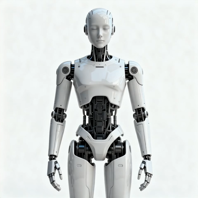 人形机器人保持站立姿态，进行轻微眨眼和头部微小转动动作，看向正前方预览效果