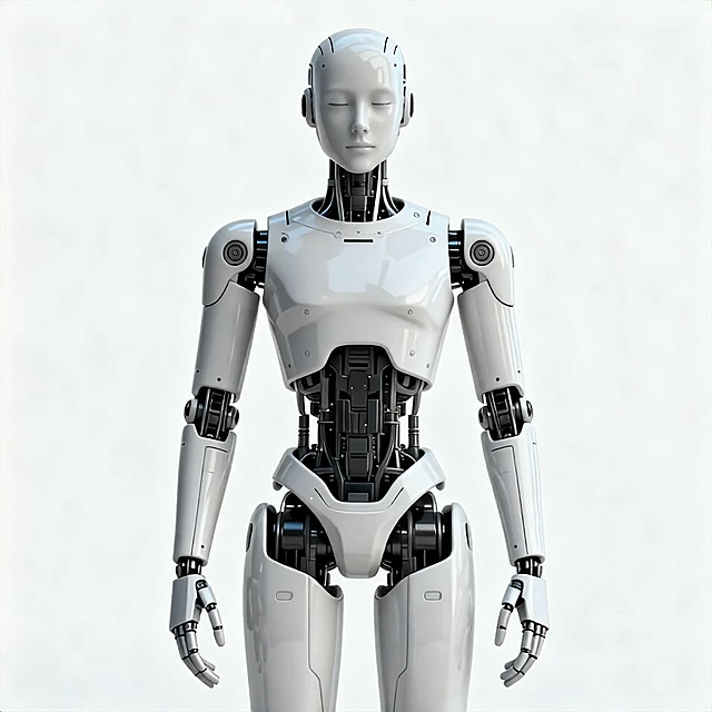 未来感科技风3D机器人，金属质感与精密机械结构结合，展现人工智能美学，冷色调光影强化科幻氛围。