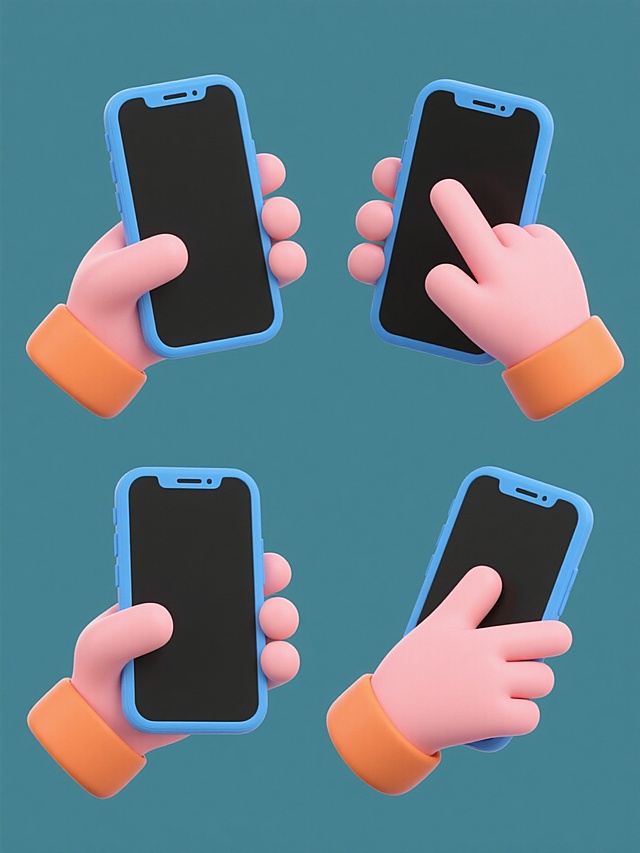 3D风格简约现代设计，四个规整排布的素材，每个素材中均有不同手势拿手机的场景，手机为蓝色边框黑色屏幕，手部为粉色，手腕处有橙色袖口，整体造型圆润可爱，采用纯色背景，无任何文字、logo及水印。