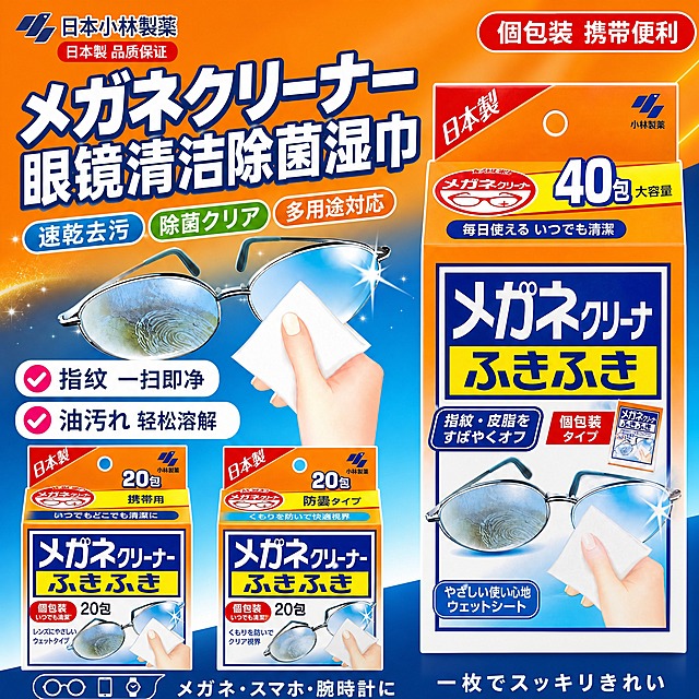 [主图1 1:1首图 三盒布局 产品比例严格保真] 日本小林制药眼镜清洁湿巾 爆款首图 1:1正方形 严格参考参考图的三盒布局结构：右侧1大盒 + 左侧下方2小盒并排 视觉语言与构图节奏对齐参考图 文案全部重写 产品包装盒尺寸比例严格保持原样 等比例缩放 绝不拉伸变形 绝不重绘

[商品] 使用用户提供的小林制药眼镜清洁湿巾产品图（20包装）作为唯一产品素材；严格保留包装盒的原始长宽比例、橙色顶部、蓝黄日文标签、小林制药Logo、20包入字样、眼镜图案、挂孔位置与整体结构；产品外观、颜色、材质、文字、比例完全一致，仅做等比例缩放，绝不拉伸、压扁、变形或重绘。画面共3盒：右侧1大盒（正面完整展示，等比例放大至约为原图的1.8倍，占右侧主要空间），左侧下方并排2小盒（等比例缩小至约为原图的0.8倍，正面展示，左右并排，两小盒大小一致间距均匀），3盒均为同一产品包装盒，仅尺寸不同，盒体比例与原图完全一致。

[画面] 页面目标：复刻参考图的三盒爆款布局结构，一眼建立产品识别与多规格囤货感。构图严格遵循参考图布局：右侧约55%区域为大盒产品主体（竖直放置，底部对齐画面底部），左侧约45%区域上部为超大主标题 + 中部卖点标签和眼镜擦拭效果 + 下部为两小盒产品并排阵列。左侧上半部分是超大主标题区，中部是卖点标签和擦拭效果示意，下半部分是两小盒产品左右并排。背景为橙蓝撞色渐变：顶部和左侧为暖橙色渐变，底部和右侧过渡到深蓝色渐变，中间有柔和光晕和星光点缀，与参考图的色彩节奏一致。

左侧中部有眼镜擦拭效果示意：一副眼镜横置，左镜片有指纹油污朦胧，右镜片被白色湿巾擦拭后洁净透亮带星光，旁边有手持湿巾的局部手部动作，与参考图的效果展示位置和形态呼应。

[视觉] 套系策略：风格=日系爆款促销感 高信息密度 橙蓝撞色；标题字=粗黑体+日文哥特体 粗重有力 带白色描边深蓝色填充；正文字=无衬线黑体；主色=暖橙+深蓝（取自产品包装）；背景延展=橙蓝渐变撞色+星光光晕+细微清洁感纹理；强调色=白色+红色标签；标题色=白色粗字带深蓝色描边；正文色=白色+深蓝；组件=彩色胶囊卖点标签（蓝/绿/橙）、粉色对勾卖点框、红色圆角促销标、底部通栏信息条；光影=商业摄影质感 左上主光 产品正面明亮 右侧柔影 包装有真实纸质反光。

[文字] 中日文混合结构 全部文案重新撰写 不使用参考图原文案

左上角品牌区：
"日本小林製薬"
"日本製 品质保证"

右上角红色圆角标签：
"個包装 携帯便利"

顶部超大主标题（两行 白色粗黑体带深蓝描边 占左侧上半部分主要视觉）：
"メガネクリーナー"
"眼镜清洁除菌湿巾"

主标题下方3个彩色胶囊标签（从左到右：浅蓝底白字、浅绿底白字、橙底白字）：
"速乾去污" "除菌クリア" "多用途対応"

左侧中部2个带对勾的卖点框（粉色圆形对勾+白色文字框）：
"✓ 指紋 一扫即净"
"✓ 油汚れ 轻松溶解"

右侧大盒上方黄色标签：
"40包 大容量"

左侧两小盒上方分别标注：
左小盒："20包 携帯用"
右小盒："20包 防曇タイプ"

底部通栏深蓝色信息条（白色文字 左右分布）：
左侧三个图标：眼镜/手机/手表
右侧文字："メガネ・スマホ・腕時計に  一枚でスッキリきれい"

[比例分辨率] 1:1正方形 2K 文字清晰锐利 产品细节完整 盒体比例严格保真

[负向提示词] 产品变形 拉伸 压扁 变宽 变窄 重绘产品外观 盒体比例失调 错字 糊字 伪Logo 水印 平台Logo 多余手指 畸形手 手指融合 背景杂乱 主体模糊 悬浮感 参考图原文案照搬 产品透视变形