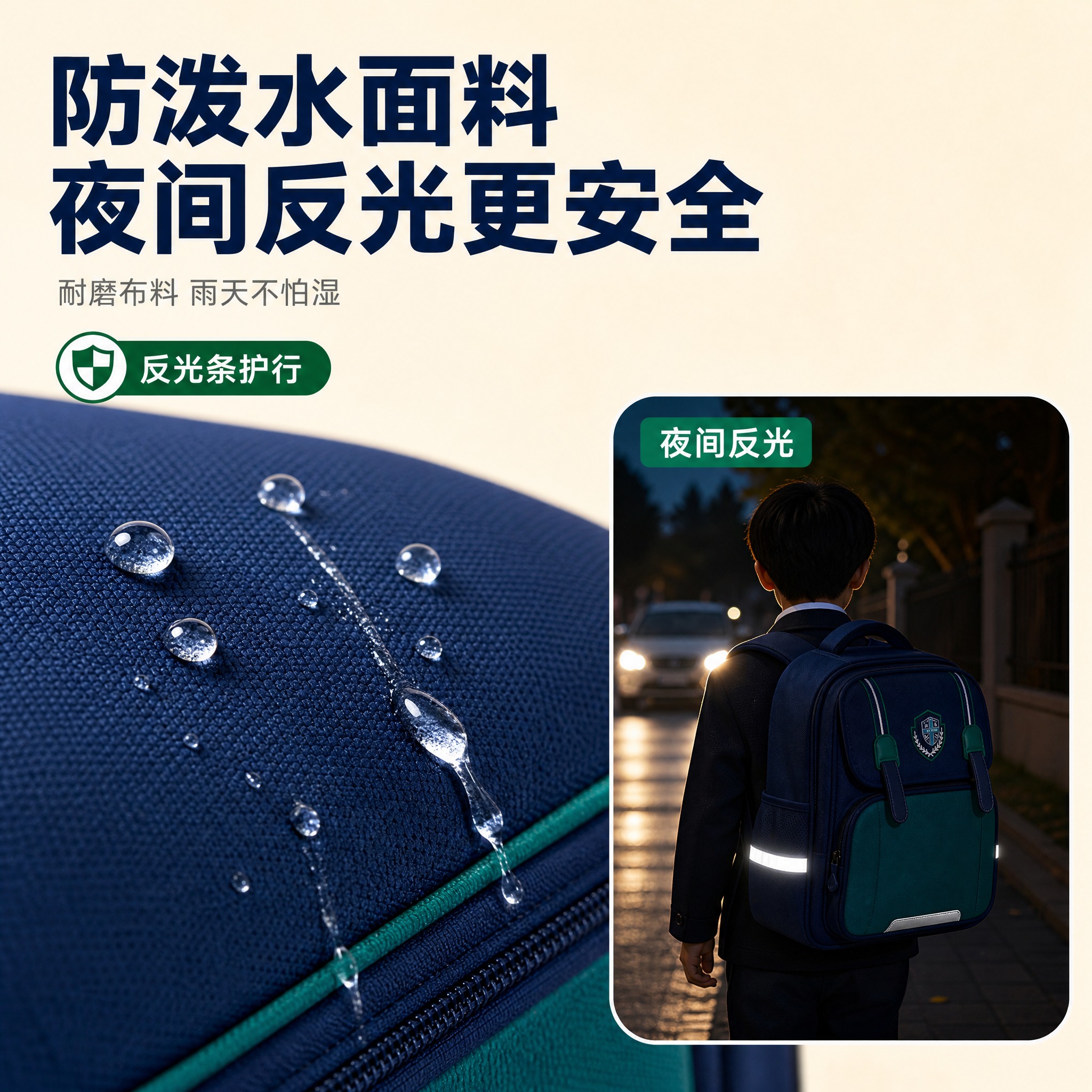 [主图-5] 功能证据图：左侧展示防泼水面料，水珠在面料表面成… - 图片创意预览