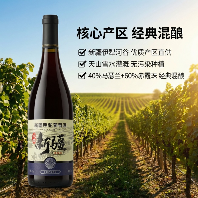 [主图 2] 新疆产地核心卖点展示图，突出产区优势
[氛围/风格] 自然写实品质风，清新通透，突出产地天然优势
[画面元素] 保持干红葡萄酒瓶外观与原图一致，瓶身放在画面偏左侧，背景为新疆伊犁河谷葡萄预览效果