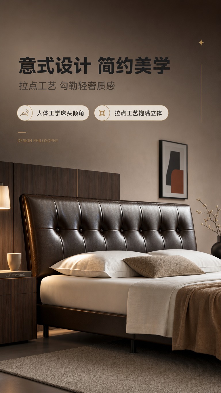 [商品] 使用【图1】意式轻奢头层牛皮软包实木床；保留床头软包… - 图片创意预览