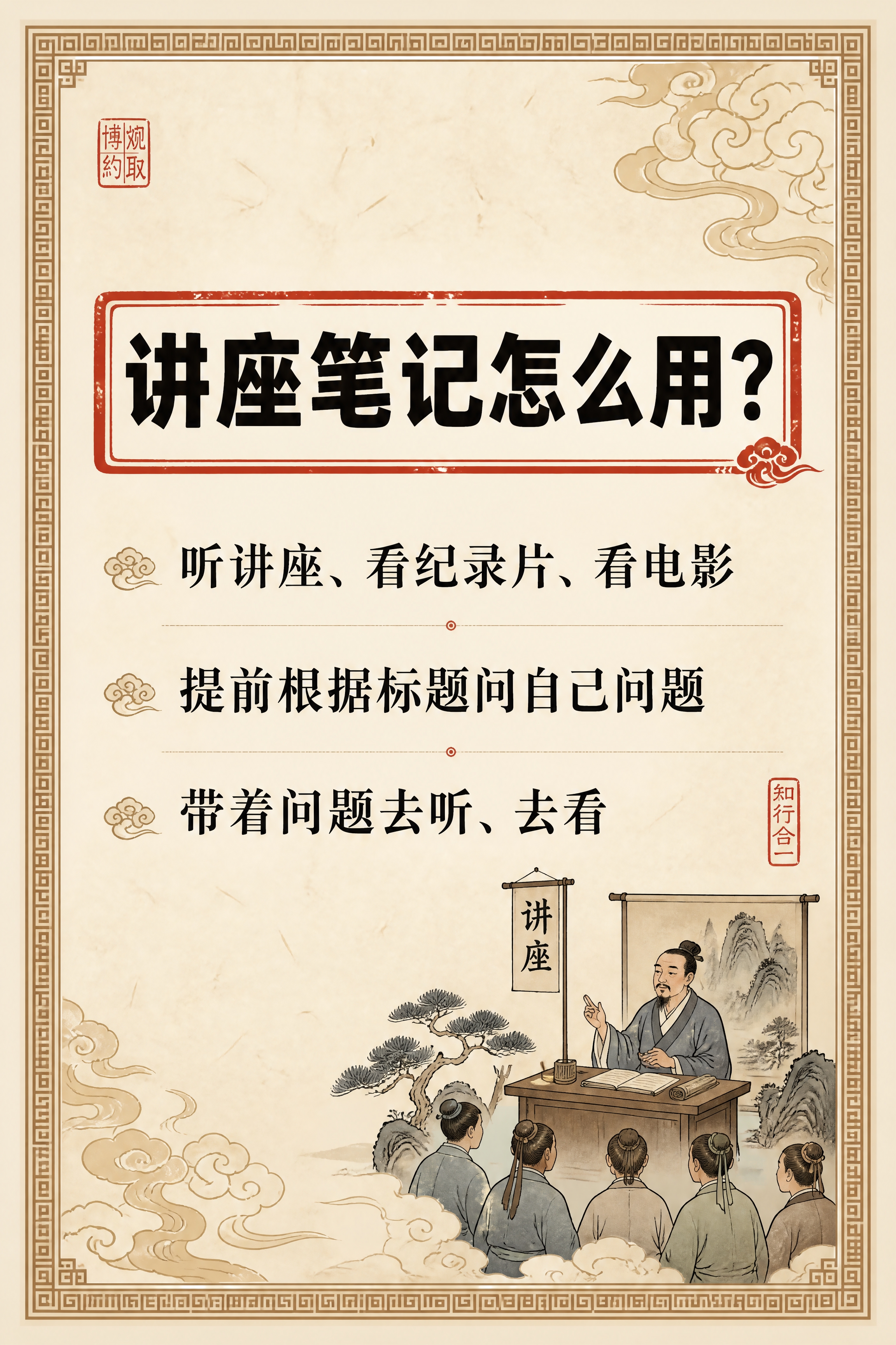 小红书笔记内页，讲座笔记卡片，国风山海经风格，米黄色宣纸纹理背… - 图片创意预览