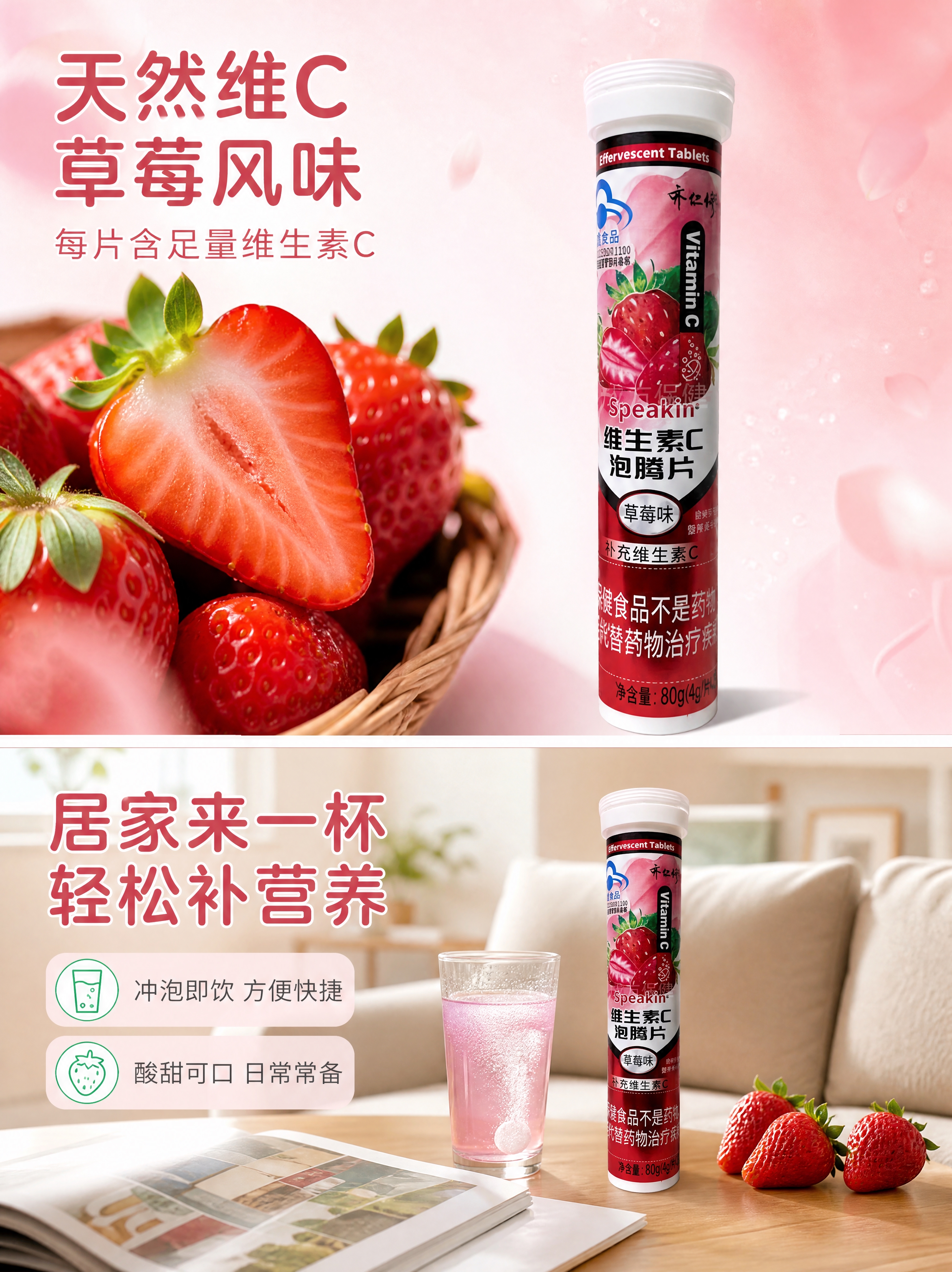 [商品] 使用【图2】草莓味维生素C泡腾片；保留白色瓶盖、红色… - 图片创意预览