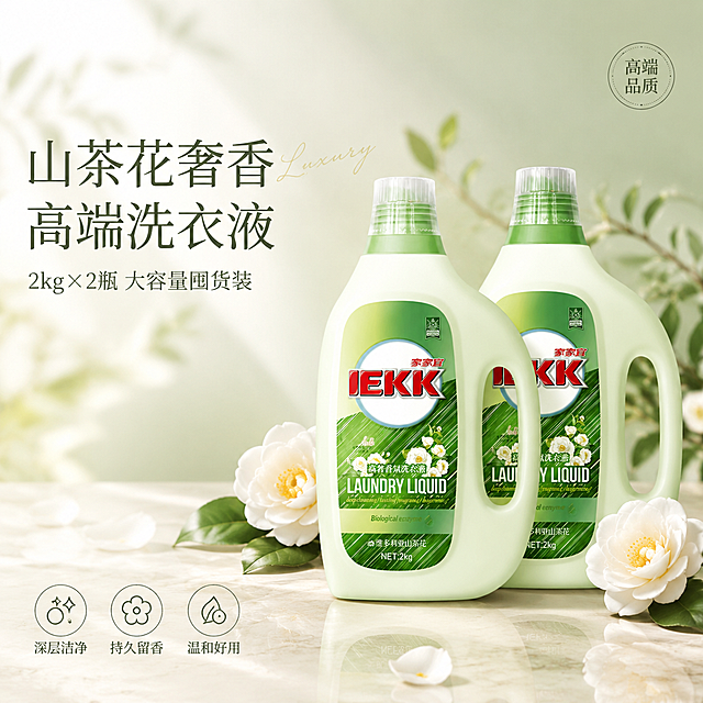 [单张主图] 家家宜IEKK高奢香氛洗衣液 维多利亚山茶花 2kg双瓶装 高级氛围感主图 目标：传递高端大气奢香品质与大容量囤货价值，吸引品质生活人群购买。
[画面主体] 两瓶同款家家宜IEKK高奢香氛洗衣液并排错落摆放，一瓶正面朝前略偏左，一瓶45度斜侧略偏右靠后，形成前后层次；瓶身饱满有质感，整体占画面约50%；保持产品外观（即物理结构、材质质感、颜色、瓶型、标签设计、红色IEKK Logo、山茶花图案、家家宜品牌名）与输入产品图一致，杜绝任何变形和色差，精细化处理；产品置于画面中下部偏右位置，完整不裁切，标签清晰可读。
[构图版式] 原生成分型高级感版式；产品融入山茶花原生成分场景，画面强调天然纯净与奢香氛围；左侧留白放主标题与卖点；产品为视觉主体，成分元素点缀周围不遮挡瓶身标签。
[场景元素] 背景为低饱和浅米白到淡绿色的柔和渐变，带有轻微柔雾感；前景为浅米色哑光石材台面或温润木台面，台面有极淡的产品倒影；产品周围散落数朵白色山茶花花瓣与2-3朵完整山茶花，数量克制、点缀为主；左侧或后方有极淡的绿色叶片与花枝虚化作为背景层次；画面整体干净通透、高级静物摄影感、奢香氛围浓厚。
[文案版式] 左上负空间左对齐，留足安全边距；主标题两行：第一行"山茶花奢香"，第二行"高端洗衣液"，大号轻无衬线或细宋体字体，深墨绿色，字重克制优雅；主标题下方一行副文案"2kg × 2瓶 大容量囤货装"，字号约为主标题的50%，同色系略浅；主标题旁叠1个极小英文手写体装饰词"Luxury"，纯装饰不承担主信息；画面底部偏左位置放3个细线图标+短词横向排列：「深层洁净」「持久留香」「温和好用」，线稿风格、极细、与整体调性统一；右上角可放一个极小圆形轻章，内文"高端品质"，字极小；所有文字清晰可读，不遮挡产品主体与标签。
[光影质感] 主光为左上方柔和自然光，逆光勾勒瓶身轮廓光；辅光为右侧环境反射光，暗部有层次；瓶身有细腻高光与材质反光，标签文字清晰锐利；台面有柔和投影与倒影；整体光比舒适、高光不溢、暗部通透，无廉价HDR；景深中等，背景花叶轻微虚化突出主体；山茶花花瓣有自然光泽与通透感。
[配色字体] 主色为低饱和米白、浅石色、淡绿；辅色从产品标签绿色提取深墨绿作为文字主色，山茶花白色作为点缀；强调色克制使用，仅用于主标题或小标签；字体为轻无衬线或细宋体风格，字重克制，靠留白与对齐分层级；主标题最大，副文案次之，图标说明最小。
[比例分辨率] 1:1比例，2K分辨率，文字清晰锐利，超高清商业摄影质感。
[负向提示词] 变形，文字错乱，产品图模糊，背景杂乱，水印，电商平台Logo，多余的手，多余的手指，畸形手，融合手指，手部扭曲，肢体穿模，人物面部扭曲，关节反折，瓶身变形，标签模糊不可读，Logo变形或错误，色彩过于饱和，廉价感，花朵遮挡瓶身标签。