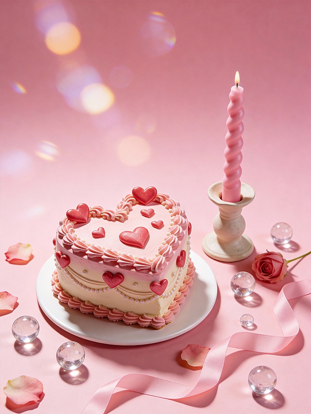 甜美治愈系商业静物摄影风格，画面以柔和的马卡龙粉为主色调，整体色调统一且充满温柔感。采用平视略俯视的视角，主体置于画面左下方的白色圆盘之上，呈自然倾斜角度，占据视觉核心区域，大小适中。右侧搭配粉色螺旋蜡烛与同色系陶瓷烛台，烛台系有粉色丝带，周围散落透明水晶球、粉色丝带与玫瑰花瓣，背景为纯净粉色并带有细腻的光斑折射效果。采用柔和的侧逆光结合均匀补光，营造出细腻的明暗层次与柔和阴影，主体与甜美梦幻的场景融为一体，充满温柔浪漫的氛围。