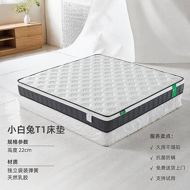 「图片1」「图片1」「图片1」「图片1」「图片1」「图片1」「图片1」，生成一套主图（5张），商品名称是小白兔T1床垫，卖点是线肩颈
颈用额隆
独立袋袋装弹簧:
抗菌防螨功能纤维棉
棉更
塌陷有高久。密味达此问
四周8分35#海绵
1CI乳胶
独立分区5区
小白兔专用人棉布料天丝面料，高度22cm，适配淘宝/天猫平台，主图比例为1:1