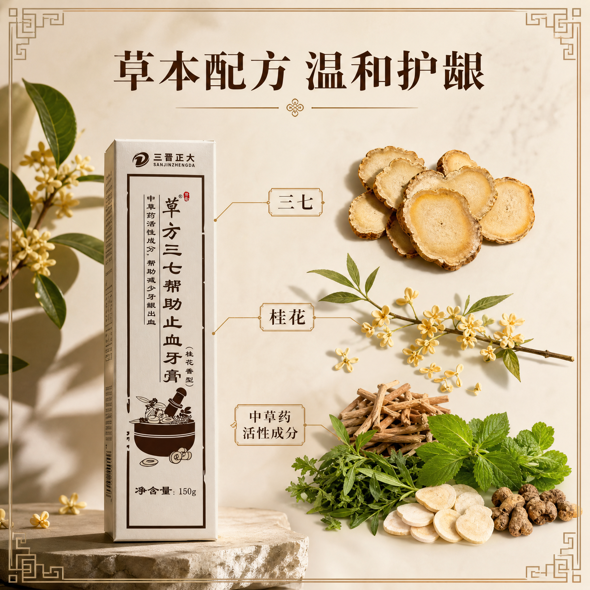[主图-2 成分介绍图] 草方三七帮助止血牙膏150g（桂花香… - 图片创意预览