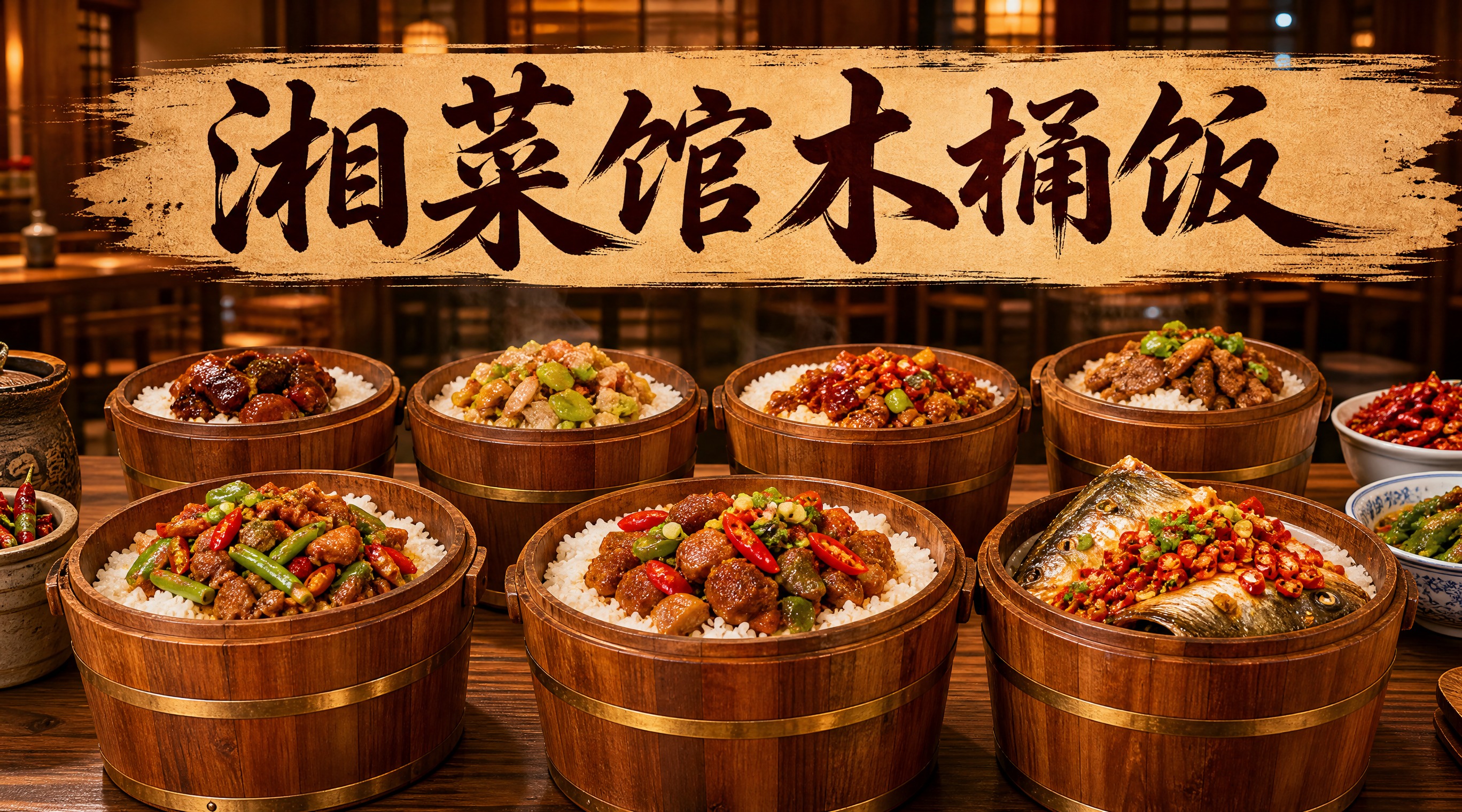 湘菜馆木桶饭店招设计，写实摄影风格，画面展示湖南特色木桶饭美食… - 图片创意预览