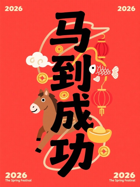 主体是竖版黑色 “马到成功” ，拙气扁平手写风格，上下保留一定边距。叠加于正红底色之上，字间穿插卡通棕马、锦鲤元素与元宝、铜钱、红灯笼、祥云符号，点缀 “2026”。四角辅以2026、The Spri预览效果