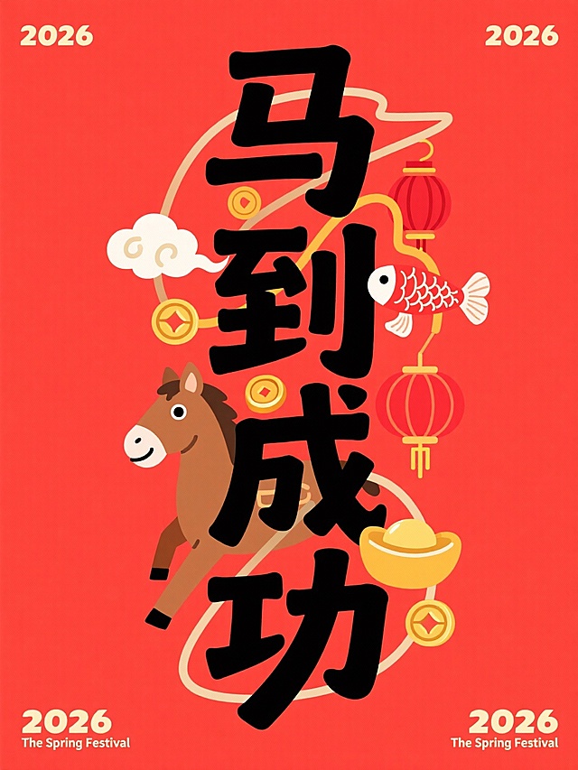 主体是竖版黑色 “马到成功” ，拙气扁平手写风格，上下保留一定边距。叠加于正红底色之上，字间穿插卡通棕马、锦鲤元素与元宝、铜钱、红灯笼、祥云符号，点缀 “2026”。四角辅以2026、The Spring Festival小字装饰元素。