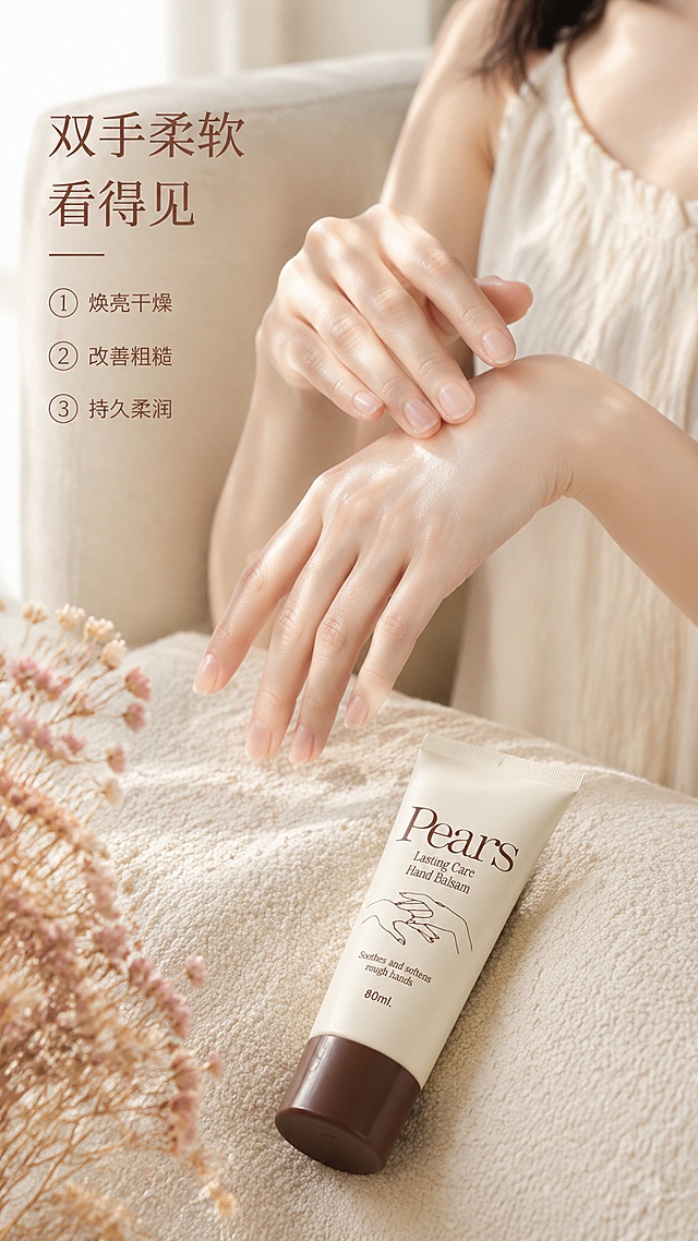 [第4屏] 详情页真人展示-pears山茶花护手霜使用效果。本屏使用【图1】作为产品主体，搭配亚洲女性真人模特局部展示。
[氛围/风格] 自然生活感，柔和温馨氛围感，真实商业摄影
[元素布局] 画面主体为亚洲年轻女性的双手，展示涂抹护手霜后的柔润光泽状态，手部皮肤细腻水润；产品斜放置在双手下方区域，与人物自然融合；背景搭配浅米色沙发，角落点缀干花装饰；保证产品外观、颜色、包装文字与原图一致
[光影质感] 窗边自然光效果，光线柔和温暖，突出手部皮肤的自然光泽
[配色色系] 全局底色 #F5F1EB，主色肤色+米白，辅助色浅棕产品色，淡粉花材点缀
[视角构图] 中景平视，人物手部占据画面核心位置，产品自然融入场景，不生硬拼接
[文字版式] 左侧主标题「双手柔软看得见」，下方三个小卖点编号排列：「焕亮干燥」「改善粗糙」「持久柔润」，文字靠左排列不遮挡双手和产品
[比例分辨率] 9:16 竖版比例，4K分辨率，高清画质
[负向提示词] 产品变形，包装文字错乱，人物畸形，手部变形，肤色夸张，医疗对比，水印，文字模糊