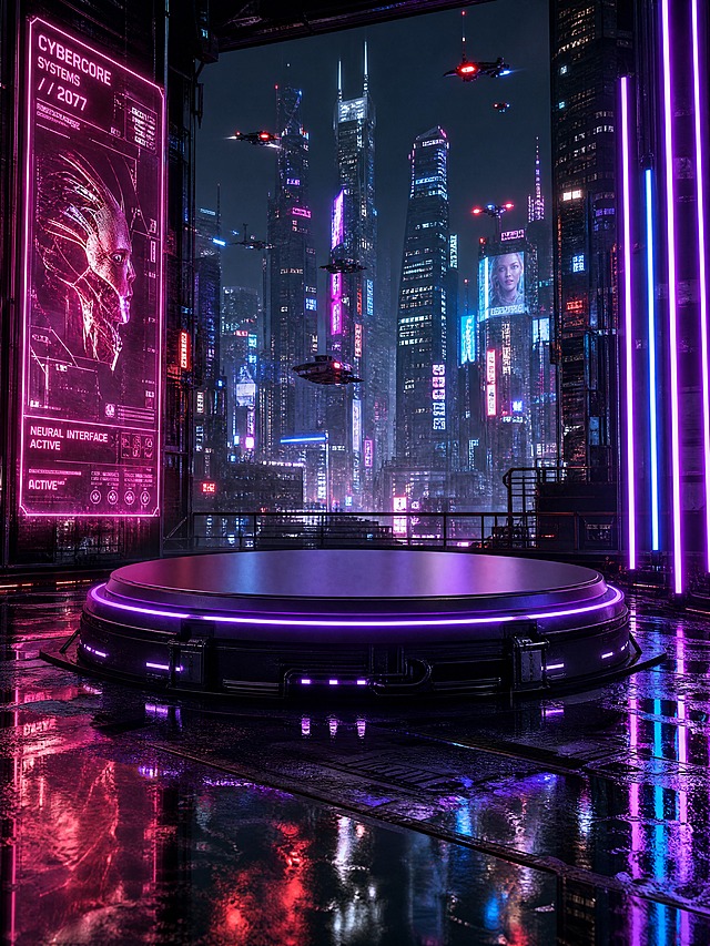 赛博朋克场景，竖版构图。
主体：画面中央位置留出大面积空白展示区，用于放置产品，空白区域占画面 40%，金属展台充满未来感。
构图：居中构图，微仰视 20°，空白展示区位于画面中央偏下，上方是赛博城市背景。
风格：赛博朋克。
场景概念：赛博朋克风格展示空间，霓虹灯光，雨夜城市，高科技与颓废感并存的未来都市氛围，竖版电商主图规格。
承载与空间：①承载面：画面中部，黑色金属展台，哑光黑金属，台面有紫色霓虹光带，科技感十足；②背景：画面上部，赛博朋克城市夜景，高楼大厦霓虹闪烁，紫色粉色蓝色霓虹光，雨夜效果，玻璃反光。
陪衬物：①画面左侧，一个全息投影广告牌，粉色霓虹文字和图案，半透明粉色，赛博感；②画面右侧，几根发光的霓虹灯管，紫色和蓝色，垂直排列；③画面底部，地面有积水，反射霓虹灯光，水洼效果；④画面上方，飞行的无人机光点，红色和蓝色，增加未来感。
配色：主色 50% 黑色 / 辅色 25% 霓虹紫 / 点缀色 25% 霓虹粉+霓虹蓝+红色+水反光；画面实际颜色 6 种：黑色 / 霓虹紫 / 霓虹粉 / 霓虹蓝 / 红色 / 水反光白。
材质：哑光金属 / 霓虹灯管 / 全息光 / 玻璃 / 水洼 / 金属建筑；画面实际材质 6 种：哑光黑金属 / 霓虹发光管 / 全息投影 / 玻璃幕墙 / 积水路面 / 金属建筑。
光影：主光来自四周霓虹灯光，紫色粉色蓝色多彩光线；辅光为展台自身紫色光带；整体暗调多彩，霓虹反光强烈；赛博朋克氛围浓厚，未来感十足。
参数：4K 写实光追，medium 质量。严格锁定宽高比为 3:4。