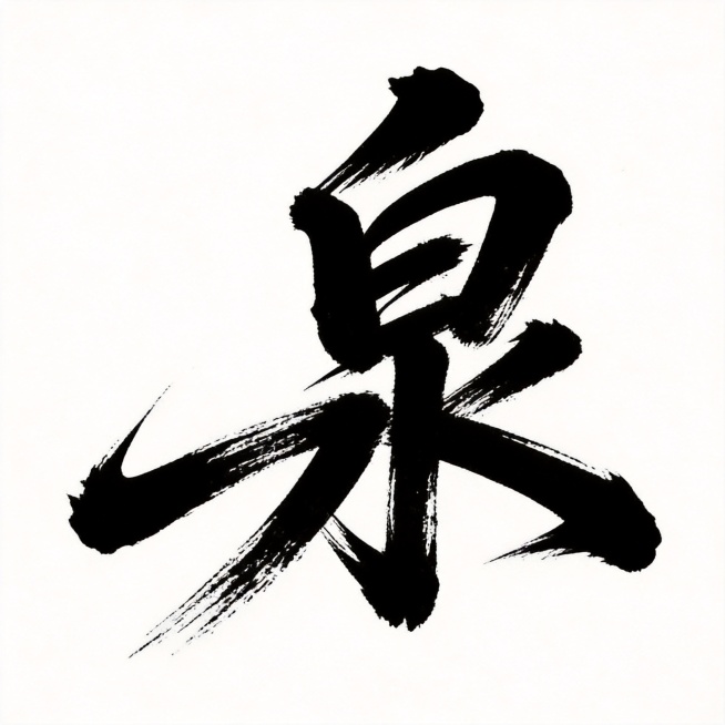 参考图的书法毛笔字风格，生成黑色书法字体“泉”，手写书法体，笔画极粗重，带有飞白枯笔效果，笔画粗细对比强烈，末端锐利，大弧度曲直混搭，构图整体倾斜充满张力，干净的纯白色背景，仅包含一个字“泉”，画面中预览效果