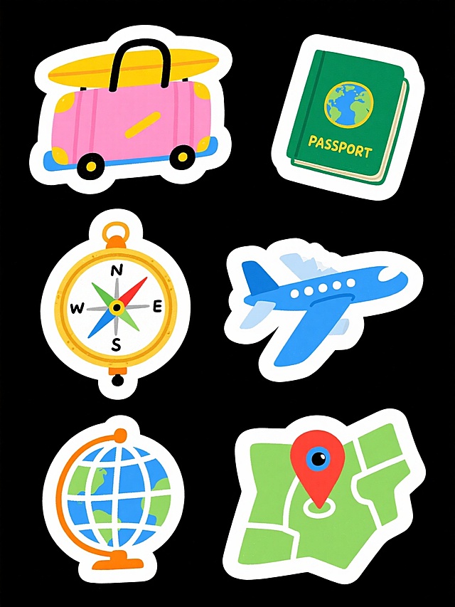 手绘插画风格旅行主题贴纸集合，九个独立贴纸元素呈三行三列整齐排列，每个贴纸边缘有白色轮廓和轻微阴影效果。粉色行李箱带有黄色装饰和黑色提手，蓝色冲浪车顶部载有黄色冲浪板，绿色护照封面上有地球图案和“PASSPORT”文字，蓝白指向标指向雪山，蓝橙相间飞机呈飞行姿态，复古指南针带有金色边框和红绿指针，橙色相机带有蓝色镜头和黑色细节，蓝色地球仪有白色经纬线，绿色地图上有红色定位标记。整体采用明亮饱和的卡通色彩，线条流畅圆润，手绘质感明显，白色背景干净简洁，传达出轻松愉快的旅行氛围。