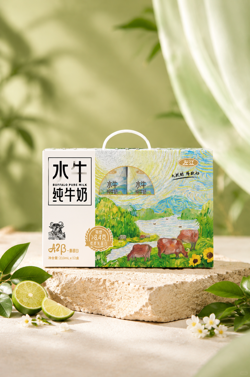 参考第一张图的清新自然风格、柔和光影、浅米色台面和淡绿色朦胧背… - 图片创意预览