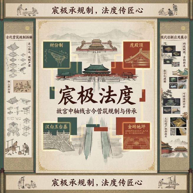 中式卷轴信息系统整体效果图，完整卷轴形态，边缘有传统肌理，淡雅米色背景点缀浅淡水墨故宫中轴线虚影，中心、上下、左右板块布局规整，核心标题书法体“宸极法度”居中，下方是书法小字背景说明，中央以水墨线条结预览效果