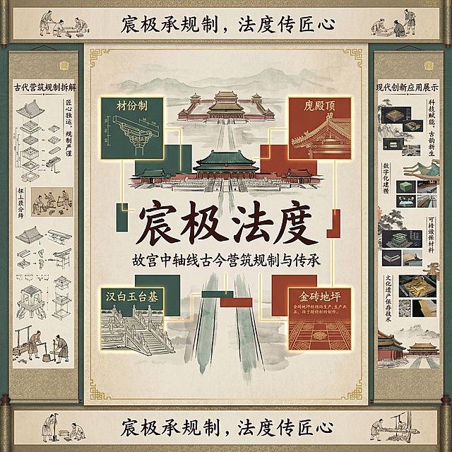 中式卷轴信息系统整体效果图，完整卷轴形态，边缘有传统肌理，淡雅米色背景点缀浅淡水墨故宫中轴线虚影，中心、上下、左右板块布局规整，核心标题书法体“宸极法度”居中，下方是书法小字背景说明，中央以水墨线条结合石青、朱砂色块勾勒故宫中轴线建筑群，围绕布局材份制、庑殿顶、汉白玉台基、金砖地坪四大核心符号，左右板块分别为古代营筑规制拆解线稿和现代创新应用展示，点缀“宸极承规制，法度传匠心”文案与古代匠人营筑简笔插画，主色调为故宫石青色、朱砂色，点缀金黄色纹样，文字为深棕色书法字体，整体庄重恢弘，凸显皇家营筑规制与古今传承