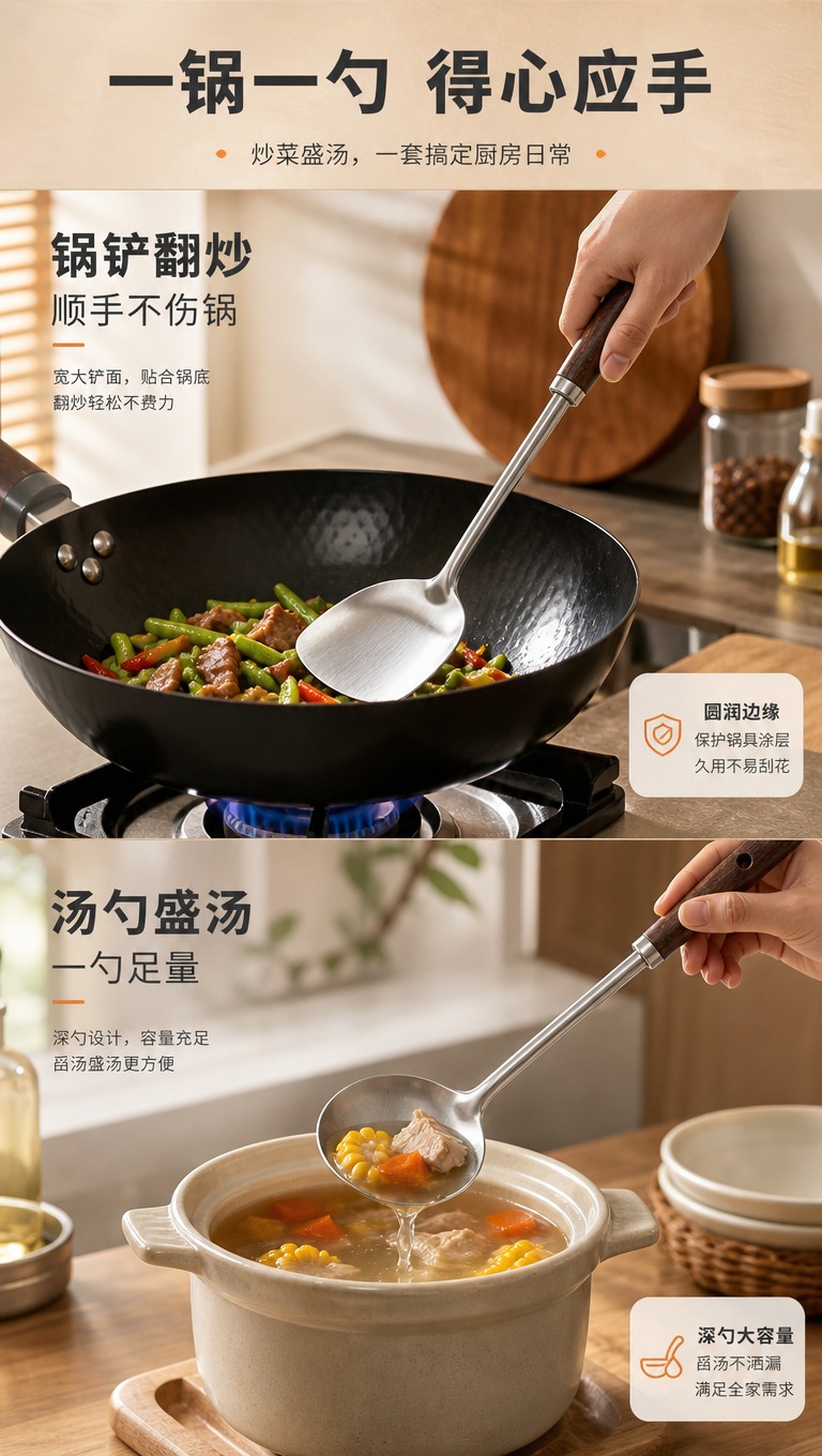 [商品] 使用【图1】304不锈钢木柄锅铲汤勺套装；保留产品结… - 图片创意预览