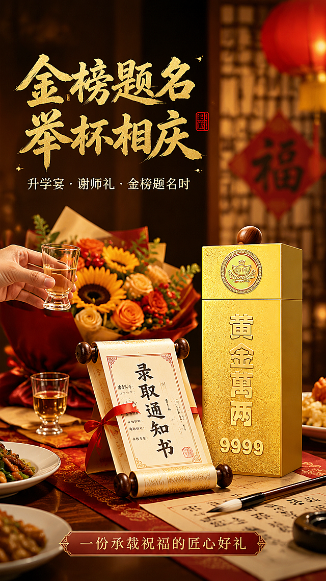 [第6屏] 礼赠场景屏-金榜题名升学宴谢师礼场景。本屏使用【图1】作为商品主体，保持金色礼盒外观质感完全一致，融入礼赠场景。
[氛围/风格] 喜庆温馨感，新中式国潮风，金榜题名喜悦氛围，家庭聚餐场景。
[元素布局] 画面展示中式餐厅圆桌场景，桌上摆放着金色酒盒和展开的录取通知书卷轴，旁边有鲜花束和毛笔文具；背景虚化可见中式屏风和红灯笼；金色酒盒置于画面右侧前景，占比约35%，正面45度展示；左侧有一只手正拿起酒杯，呈现庆祝场景；酒盒结构、颜色、文字与原图完全一致。
[光影质感] 暖黄色室内灯光，整体明亮温馨，桌面有柔和反光，金色酒盒在灯光下熠熠生辉，光影层次丰富有生活气息。
[配色色系] 全局底色 #3A1F0F 暖棕红；主色 #FFD700 金色；辅助色 #B22222 中国红、#F5E6C8 米白。
[视角构图] 场景化平视角度，产品在右前景，阅读动线从右产品 → 中场景 → 左氛围元素。
[文字版式] 左上角主标题「金榜题名 举杯相庆」，金色书法体，红色印章点缀；下方副标题「升学宴·谢师礼·金榜题名时」，米白色宋体；底部信息条「一份承载祝福的匠心好礼」；文字清晰，喜庆雅致。
[比例分辨率] 9:16竖版比例，4K分辨率，文字清晰可辨，高清画质。
[负向提示词] 产品变形，颜色偏差，水印，文字错乱，人物面部模糊，场景杂乱。