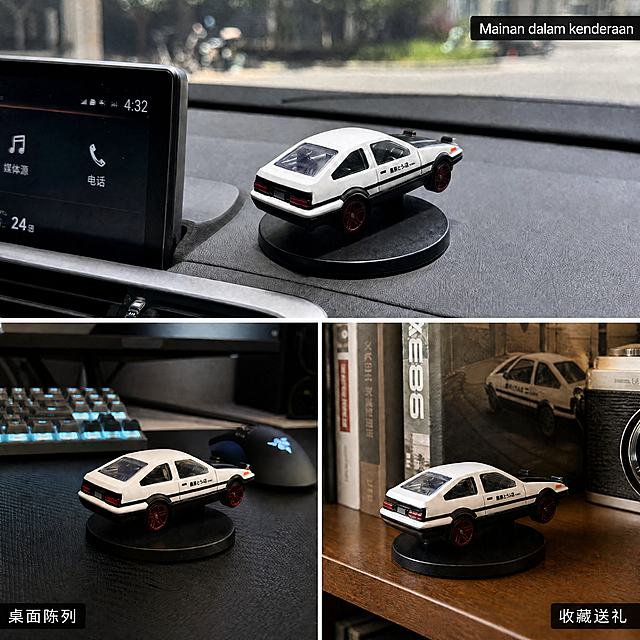 [主图-1] 车载场景图，AE86车模摆件置于汽车中控台，背景虚化道路绿植；文字“车载把玩”改为马来语“Mainan dalam kenderaan”；保持产品外观与原图一致，商业摄影质感，4K，1:1