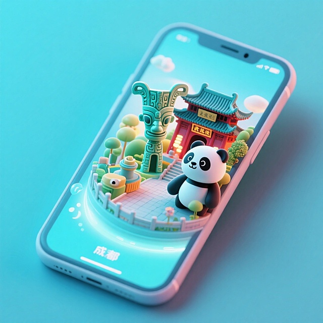软3D风格的微缩艺术场景，融合熊猫、古蜀面具与传统建筑，呈现可爱卡通与梦幻清新的成都主题，体积感十足，虚拟现实般跃然屏上。