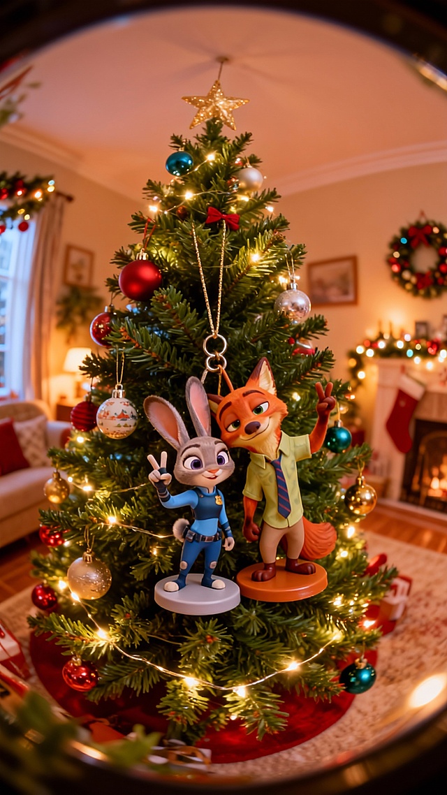 把人物做成手办挂件，并挂在圣诞树上，可以加上底座。用鱼眼镜头捕捉圣诞树的全貌。背景是有圣诞装饰的房间内景。