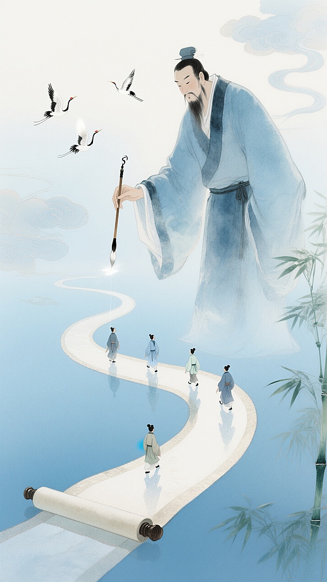 混合细腻彩铅质感，浅蓝色为主色调。一个巨型的夫子（拿着一支毛笔）点着悬浮的蜿蜒不断的巨型卷轴；有几个古代学子行走在卷轴上；背景有飞鹤、祥云；竹子点缀画面。