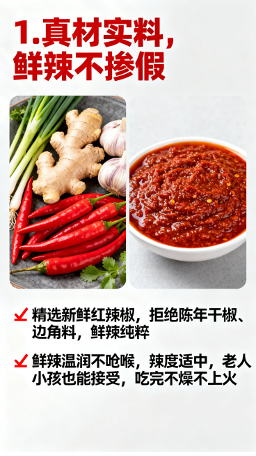 左侧摆新鲜现摘红辣椒、生姜、大蒜，洗净沥干，色泽鲜亮，右侧摆1碗原味辣椒酱，特写，质地细腻，背景浅灰色，干净清爽。文案排版：顶部左对齐"1. 真材实料，鲜辣不掺假"加粗，红色，字体较大；下方左对齐分两预览效果