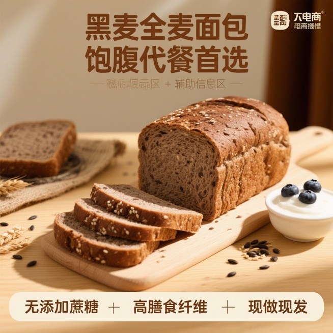 帮我根据图中的黑麦全麦面包生成几张含黑麦全麦面包的素材作为主图背景，体现有食欲有购买欲望的比例为1:1预览效果
