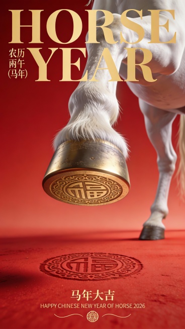 极简主义红金时尚3D超写实的海报风格。画面顶部背景上横向书写巨大的、金色粗体衬线英文标题“HORSE YEAR”与主体形成穿插关系，字体占据画面宽度的80%，具有高端杂志排版质感。旁边简单装饰小字“农预览效果