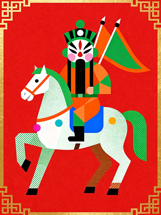 创作一幅融合中式门神元素与波普艺术风格的新春主题插画，主体内容为身着传统戏服的可爱门神形象（面部是可爱的戏曲脸谱造型，可爱淡粉色腮红，白底黑胡红鼻子配黑色长髯，头戴绿黑相间的搭配圆装饰的官帽，肩扛绿橙配色的帅旗），服装为橙绿配色，骑乘一匹白绿相间的几何风马（马身带绿色点阵肌理、后腿棕褐肌理，装饰橙色缰绳，黑色马蹄，绿色马鬃马尾）蓝色马鞍垫；动作行为是门神呈端坐姿态，小马呈前蹄抬起的行走动态；场景设定为纯正红色背景，画面边缘有简单金色中式回纹边框；风格参考是波普艺术 + 中式传统元素结合的扁平插画风格，造型为几何色块拼接，带点阵肌理装饰，兼具新春喜庆感与现代设计感；门神服饰是大块纯色几何拼接，脸谱线条简洁鲜明，小马身侧有点阵肌理有两个彩色圆点装饰，帅旗带橙色彩条边缘