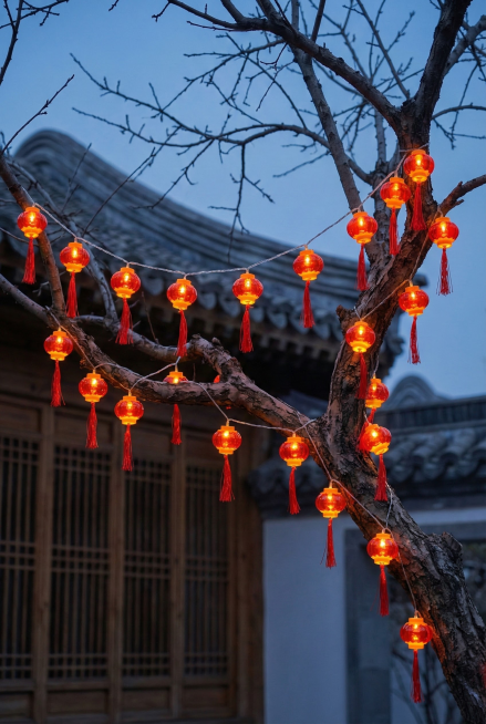 夜晚蓝调时刻的中式庭院场景，天空呈深蓝灰色；
一棵庭院中的落叶树枝作为画面主体，树枝清晰、有层次感，自然向外延展；
新年红色灯笼灯串沿着树枝与枝干缠绕固定，灯串样式跟参考图一样；灯串顺着枝条走向分布，预览效果