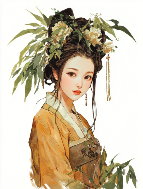 真人写实风格：“五代偏梳朵子髻变体，延续盛唐朵子髻结构（左侧梳偏，顶部堆朵子），但朵子插鲜花形饰品（绢花牡丹，花瓣带露珠）+柳枝编饰（细柳条缠绕发髻）；发丝间夹杂几缕真实柳枝（带绿叶）；身着土黄色窄袖预览效果