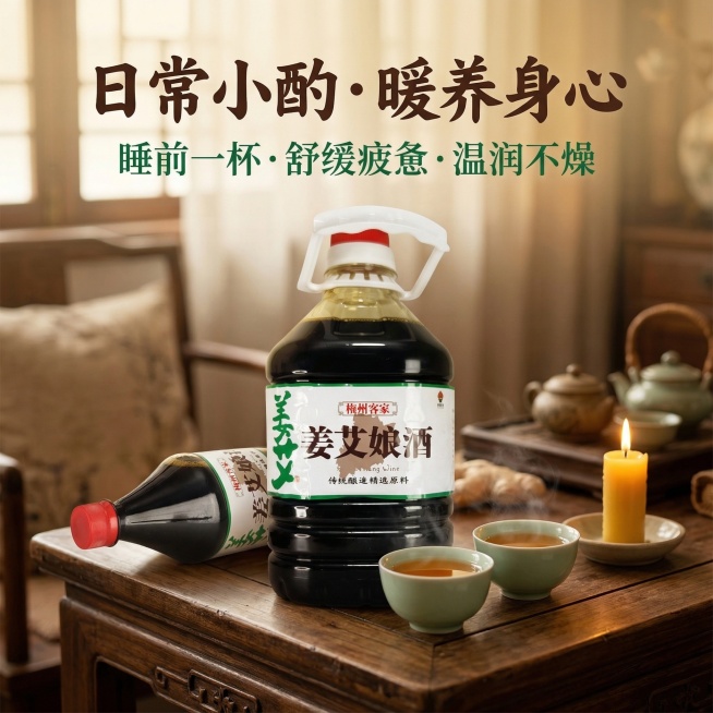 1:1正方形电商主图，中式居家养生风，排版如生活杂志，突出产品日常饮用场景卖点。严格还原带防滑颗粒瓶身的塑料瓶装姜艾娘酒，保留包装设计、颜色、LOGO位置、文字内容、图案元素等所有细节，瓶身清晰完整，预览效果