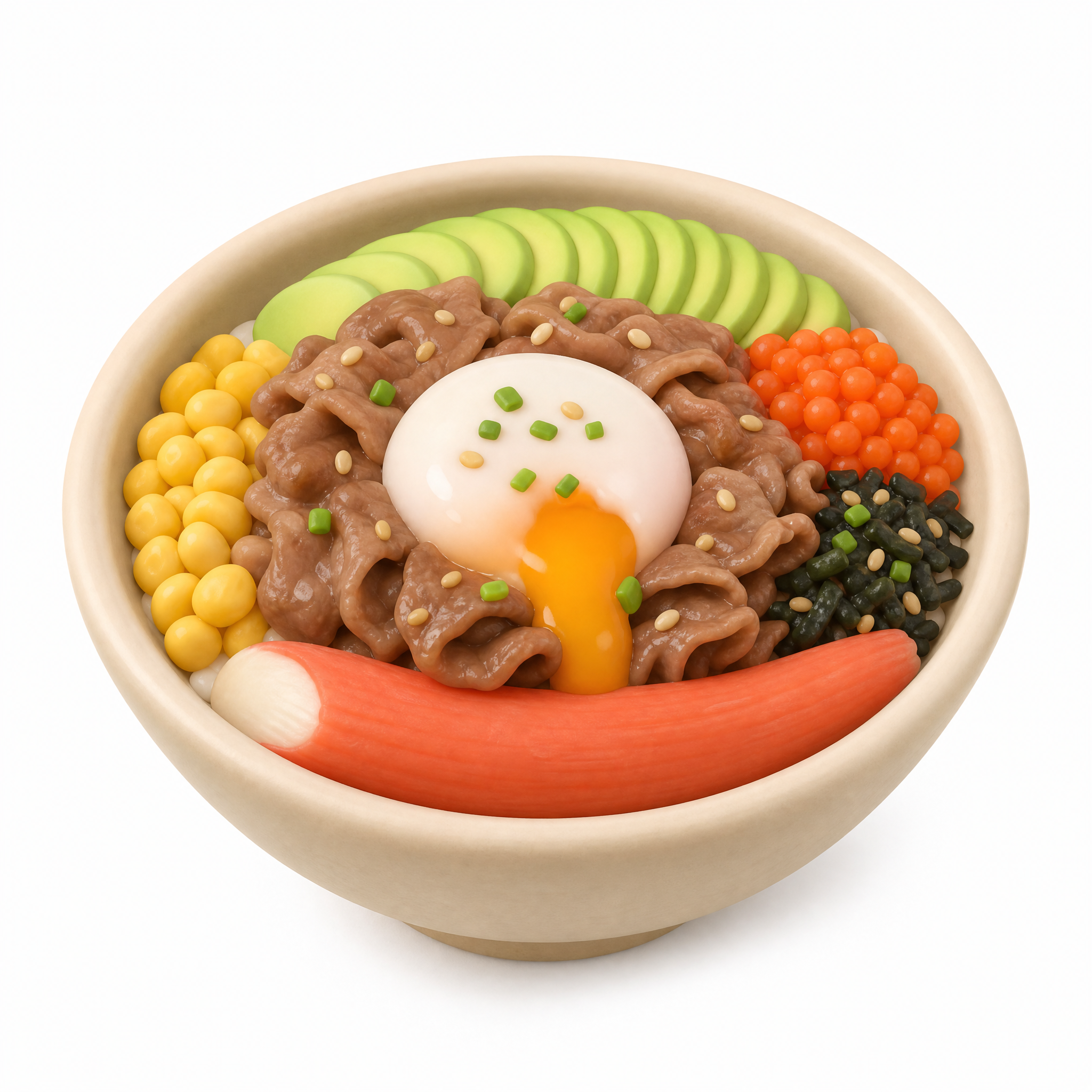 参考图1中的温泉蛋牛肉饭，设计成emoji风格的3D立体图标，… - 图片创意预览