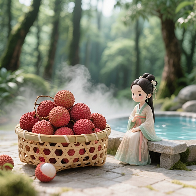 很多的荔枝置于有镂空图案的竹篮中，旁边是温泉泡池，背景是一处森林，一个汉服美女小人坐在温泉池旁边的石凳上。