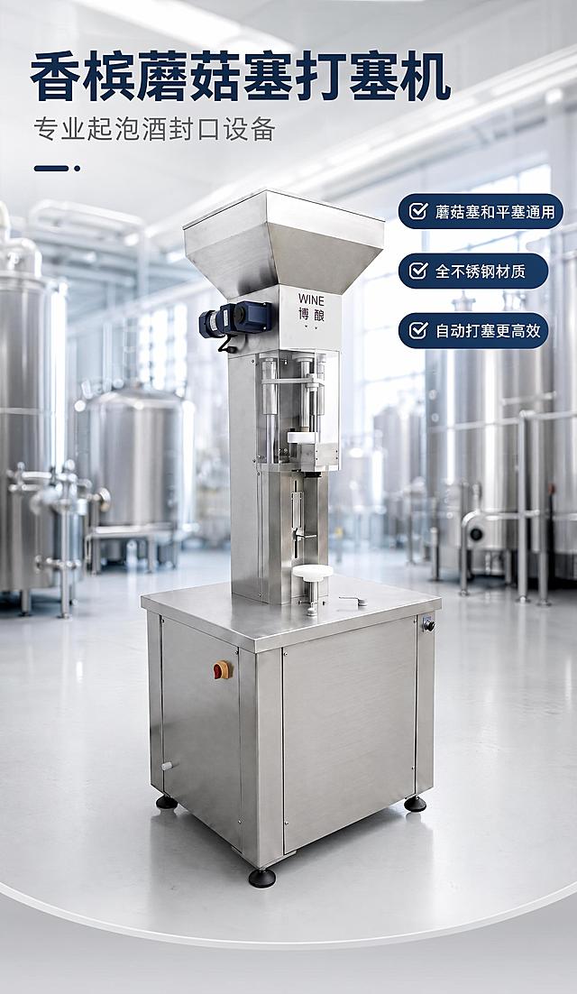 「图片1」这是香槟酒蘑菇塞打塞机，尺寸800*800*2300mm，参数：1.蘑菇塞和平塞通用；2.全不锈钢制作；3.手动放瓶、自动打塞；4.储塞料斗容量≧100个木塞；6.气源压力≧0.6Mpa（用户自配气泵）。生成一个详情图的首页设备大图，尺寸：750*1290，背景参考：「图片1」，体现气泡酒生产车间氛围，以及不锈钢设备质感渲染。